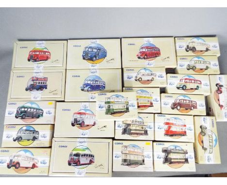Corgi - A fleet of over 20 boxed diecast Corgi diecast model buses / tram. Lot includes #97111 Bedford OB Meredith; #98153 Cl
