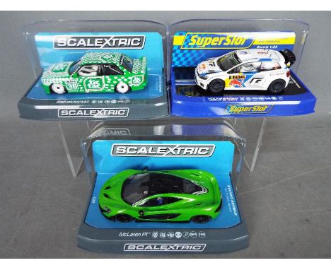 Scalextric, Superslot -  Three boxed 1:32 scale slot cars. Lot includes Scalextric C3756 McLaren P1; C3865 E30 BMW M3 'Tic Ta