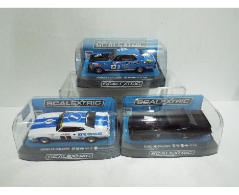 Scalextric - three 1:32 scale Scalextric cars comprising Ford XC Falcon #C3741, Ford XB Falcon #C3697 and Ford XY Falcon #C36