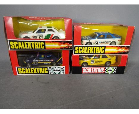 Scalextric - 4 x BMW E30 M3 slot cars in various liveries # 8339, # 8347, # 83600, # 4091. All the cars appear Mint in Fair t