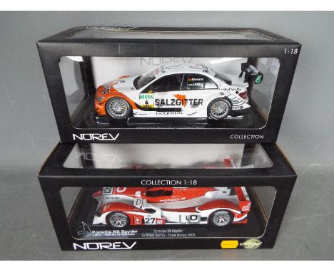 Norev - 2 x 1:18 scale cars, Porsche RS Spyder Le Mans, # 187520. Mercedes C Class DTM as driven by Ralf Schumacher # 183580.