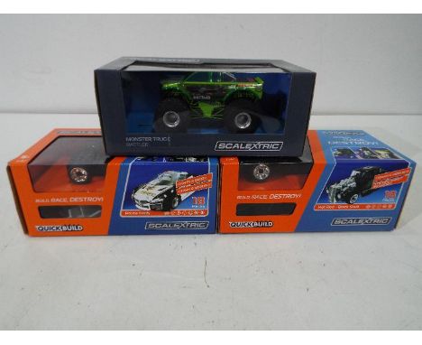 Scalextric - three 1:32 scale Scalextric vehicles comprising Monster Rattler Truck #C3711, Quick Build Hot Rod - Black Skull 