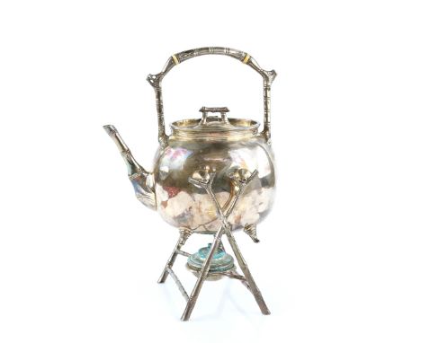 Aesthetic Movement, a silver plate spirit kettle with bamboo form handle, on stand, approx. 30cm.    