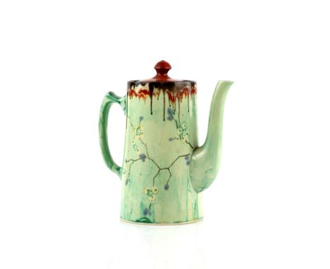 Clarice Cliff Delecia cherry blossom coffee pot, rust and brown drip cover and rim,  hand painted flowery branches, back stam