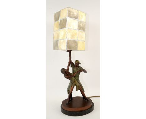 Art Deco patinated spelter group of a dancing couple as a  lamp base, 27cm on marble base.    