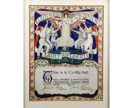 Walter Crane (British, 1845-1915) ‘Light and Liberty’. Certificate issued to Bro. J P Gibson by the Electrical Trades Union i