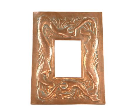 Newlyn style copper frame hand hammered depiction of a sea creature, easel support, unmarked, 30 x 23cm .    Good condition w