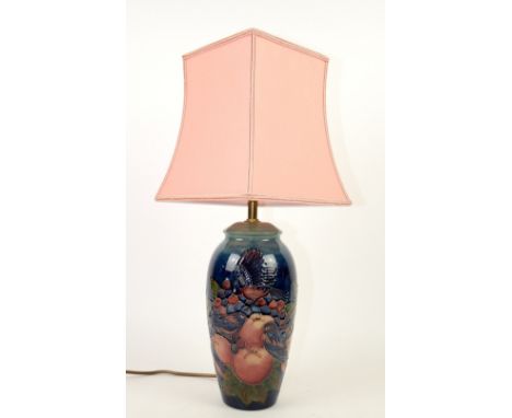 Moorcroft 'Finches and Berries' pattern lamp base of slender baluster form, painted and impressed factory marks to base, with