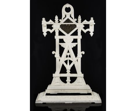 19th century Aesthetic movement cast iron hall stand, painted white, the removable drip tray with registration lozenge, 73.5c