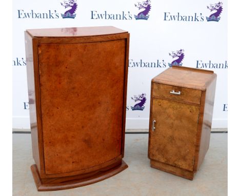 Art Deco burr walnut bow fronted drinks cabinet with revolving door on bracket base, 100 x 64 x 32 cm, and a bedside cupboard