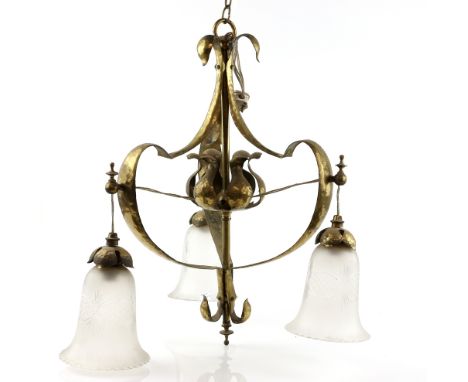 Brass ceiling lamp, in the style of W.A.S. Benson, with hammered finish and cut glass shades  .    Chain measures 23cm long.