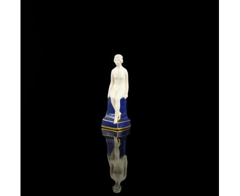  Royal Worcester blanc de chine nude figure, on blue pillar with gilt highlights Rd number 664096, height 14.3 cm .    Good c