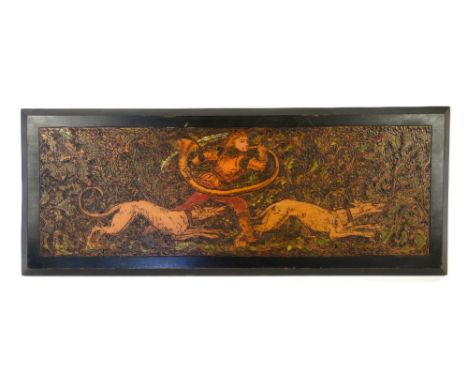  Arts &amp; Crafts period wooden poker work plaque, depicting a young man with hunting horn and hounds, C 1900, 30 x 66 cm   
