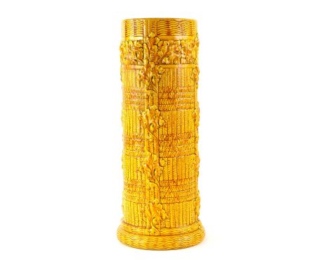 Burmantofts yellow glaze umbrella stand, with incised geometric pattern and foliate borders, marked to base BURMANTOFTS FAIEN