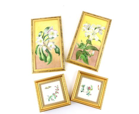 Mintons, a pair of ceramic tiles, each painted with a floral study, one with impressed marks, framed, height 46 cm, two simil