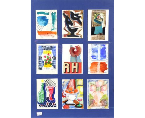  Mary Wondrausch, nine small paintings framed as one, given as personal Christmas and birthday cards by the artist, each 15 x