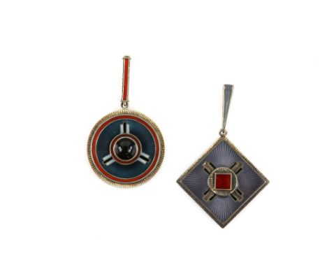 Two mid 20th C  enamel pendants, each stamped 925, the circular pendant 3 cm diam.    