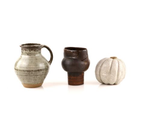 David Leach loop-handled stoneware vase of ribbed baluster form, impressed mark to base, together with a squash-shaped vase a