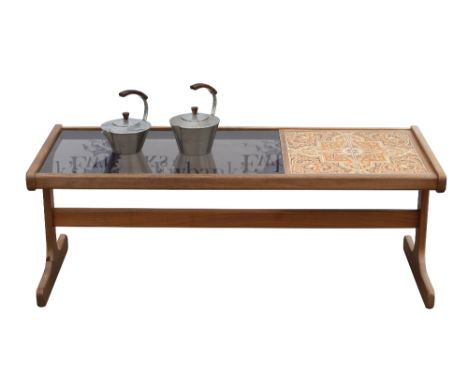 G-Plan tile and glass topped coffee table, 45 x 120 x 50 cm, and two Danish stainless steel and rosewood  tea pots .    