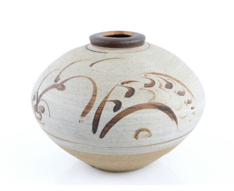 David Leach (1911-2005), an ovoid vase decorated with large leaves, David Leach and Lowerdown pottery marks, 20cm..    