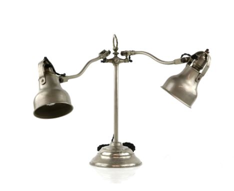 1950's twin branch articulated metal desk lamp, stand height 42cm.    Good patina. Surface rubbing and indentations throughou