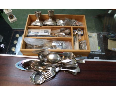 Tray of assorted Silver plated Flatware, Pair of White metal squat candlesticks, Propelling Pencil, and a collection of assor