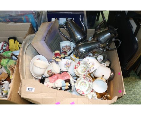 Box of assorted mixed ceramics to include Foley Bone China, 3 Piece Silver plated Tea set etc 