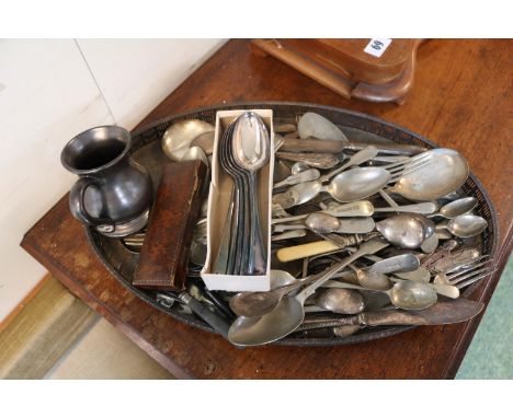 Silver plated Galleried oval tray with assorted Silver plated flatware and a Brickhurst Tankard 