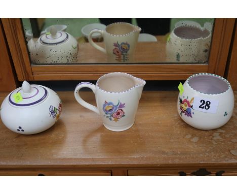 Early 1950s Poole pottery lidded jar, sugar bowl &amp; milk jug