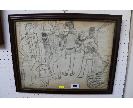 Framed 1960s Pencil Sketch of Mods at Brighton signed GRE dated 1964 