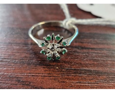 Ladies White Gold Emerald &amp; Diamond Cluster ring Size M. 2.1g total weight 