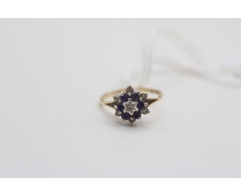 Ladies 9ct Gold Amethyst &amp; Diamond Cluster set ring Size M. 2.3g total weight 