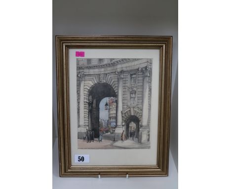 Alan Carr Linford (b1926) original sketch and watercolour depicting London's Piccadilly Arch, dated 1950. 