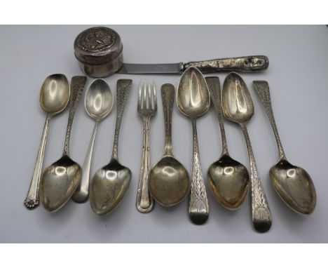 Collection of assorted Silver Flatware and a Silver figural embossed pill pot 190g total weight 