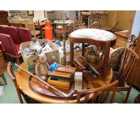 Edwardian Oval Inlaid Tea tray, Mantel clock, Bamboo walking cane and assorted bygones 