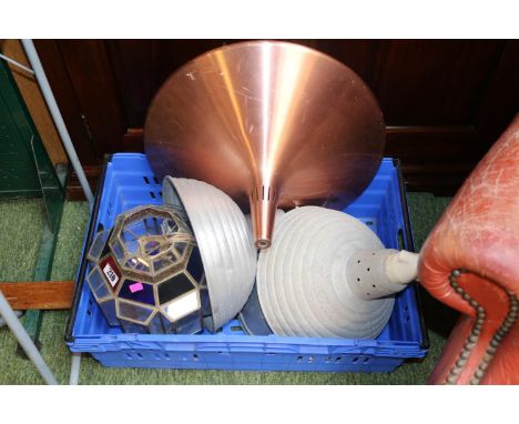 Danish Copper Lamp, 2 Vintage Aluminium Lamps and a Leaded glass ceiling light 