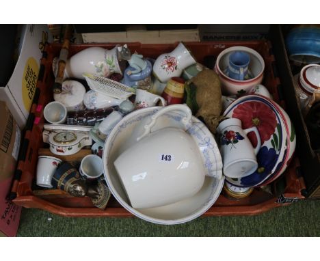 Large Tray of assorted Ceramics, Glassware etc to include Nao, Wedgwood Hunting Scenes clock, Wedgwood Jasperware etc 