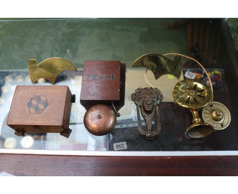 Box of small collectables to include Trade Butler Bell, Art Nouveau Door knocker, Parquetry Inlaid Box and assorted Brassware