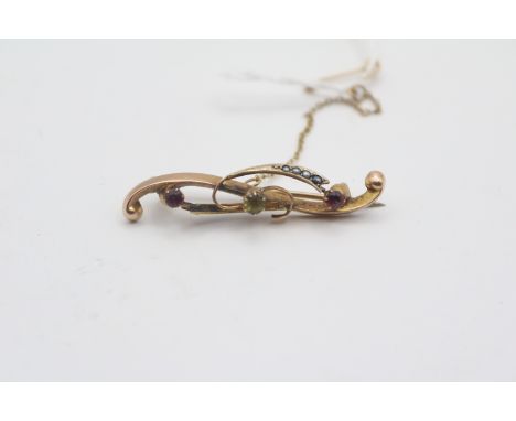 Edwardian 9ct gold seed pearl suffragette broach set with peridot and garnets