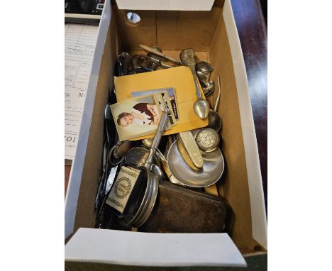 Box of assorted Small Silver plated Flatware and bygones to include Half Sovereign Case etc 