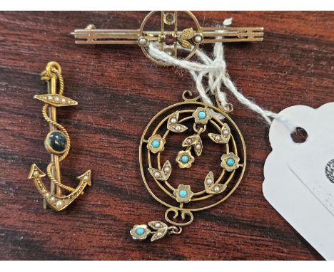 Edwardian Seed Pearl set bar brooch, another brooch and a Edwardian Turquoise set pendant 