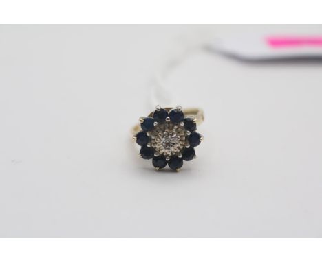 Ladies 9ct Gold Sapphire &amp; Diamond Cluster ring Size K. 4.1g total weight 