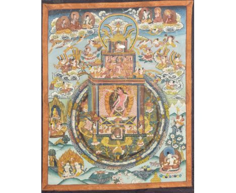 A 20th century Buddhist Tibetan thangka. The thangka depicts a Buddhist demonic deity and other figures and motifs on paper, 