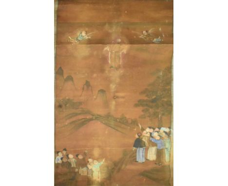 A 19th century Chinese ink and colour scroll. The painting depicts a scene of Jesus and Angels appearing to the crowds. Unsig