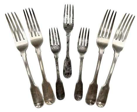 Three George IV silver fiddle pattern table forks engraved with a crest London 1824 Maker Richard Pouldon, another fork Londo