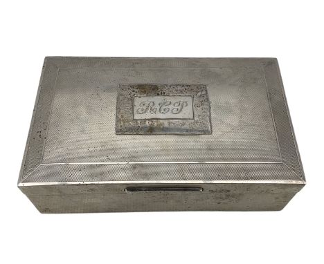 Large engine turned silver cigarette box engraved with initials 22cm x 13cm Birmingham 1973 Maker C J Vander Ltd