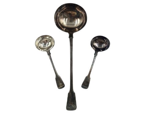 George IV silver fiddle pattern soup ladle engraved with initials London 1825 Maker William Chawner and a pair of matching sa