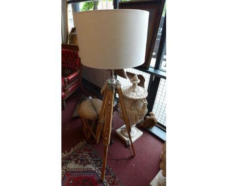 A floor standing lamp, raised on extending tripod base, with cream shade, H.80cm 
