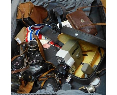 A collection of vintage cameras and camera equipment, to include Nikon, Olympus, Ensign, a Ricoh Autozoom handheld cine camer