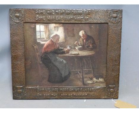An Scottish Arts and Crafts planished copper frame, decorated with thistles and The Selkirk Grace by Robert Burns, with a pri